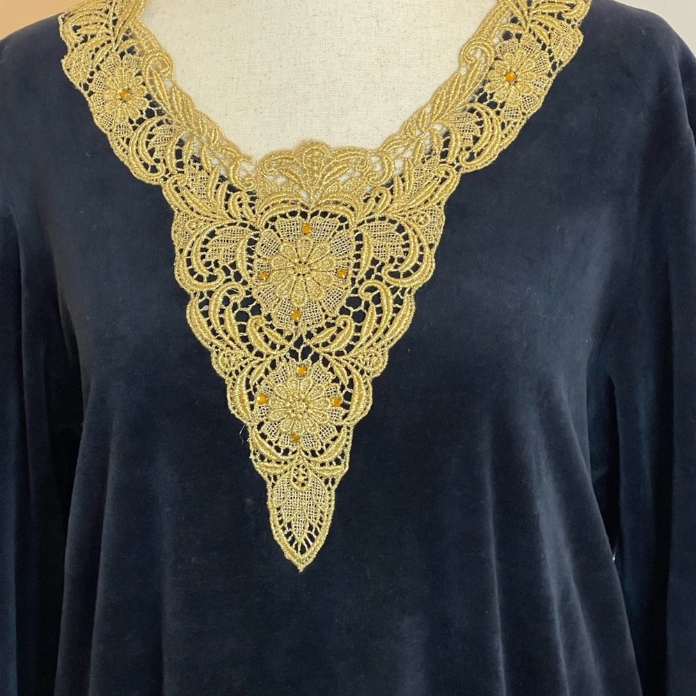Vintage Ruth Norman NY Black Velvet Hostess Dress Gold Lace S - Picture 2 of 5